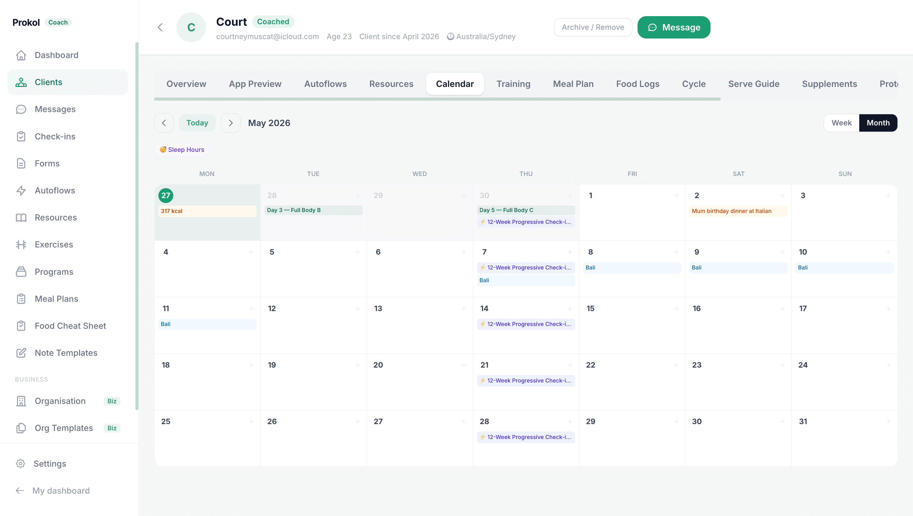 Calendar tab in client file — events, travel dates, and social occasions on calendar grid