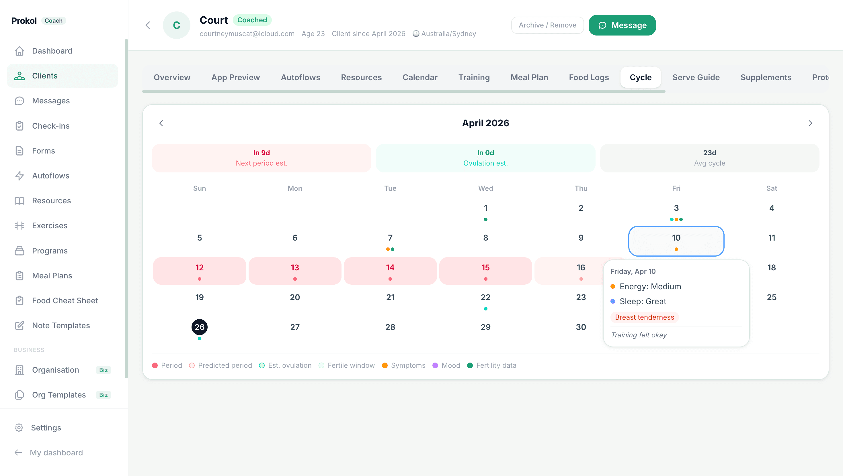 Cycle tab inside client file (coach view) — monthly calendar with period days, predictions, hover tooltip showing mood/symptoms/BBT for a specific date