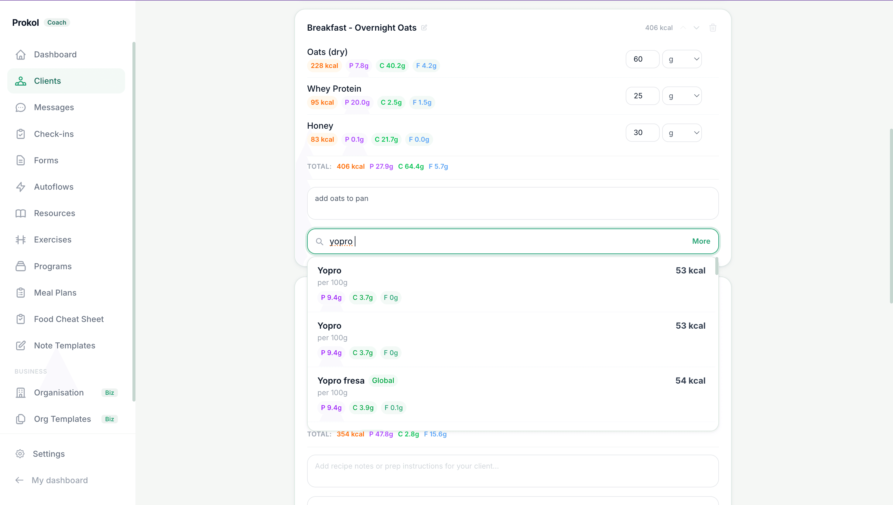 Coach meal plan editor — meals, food items, macros, assign button visible