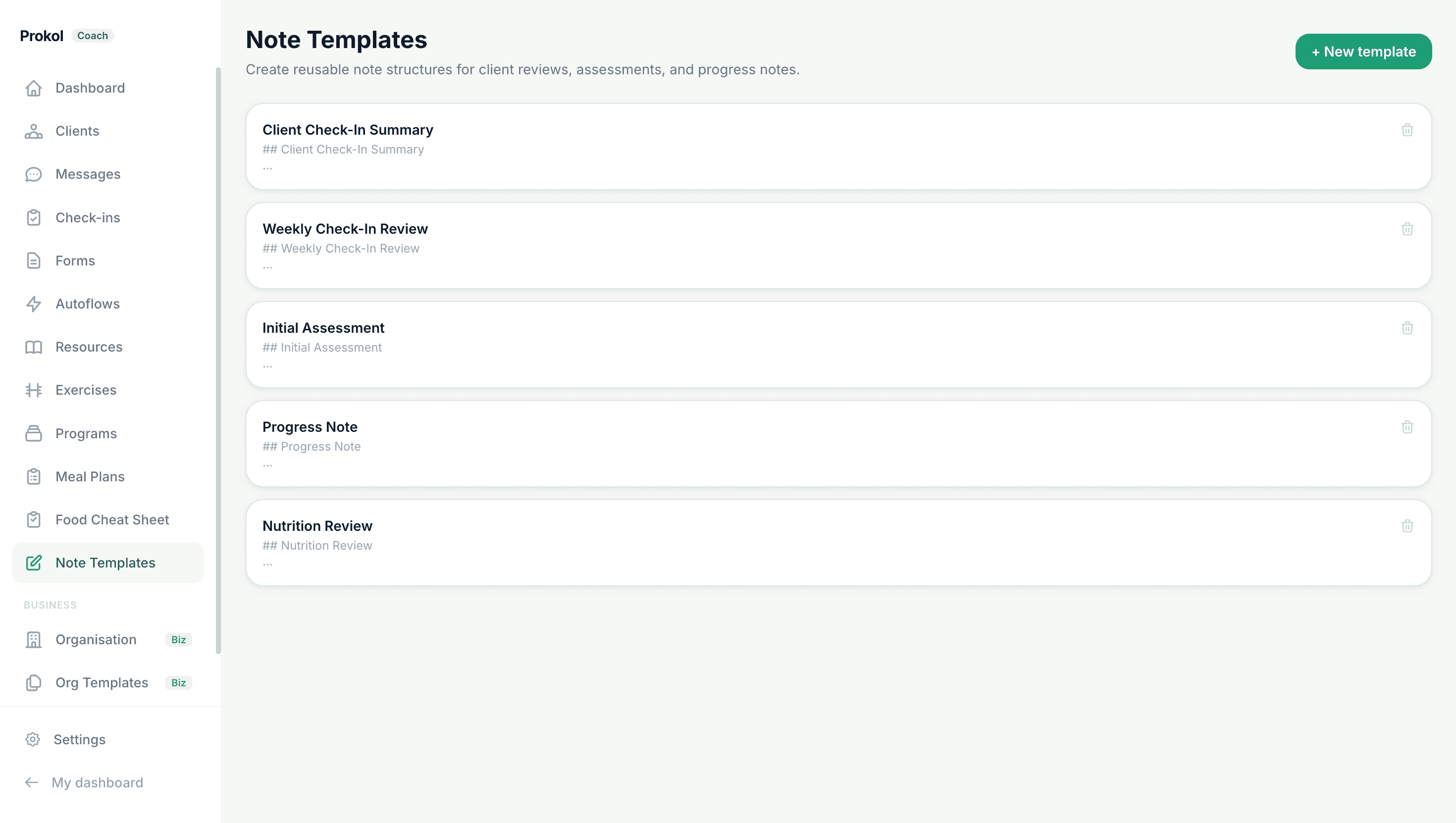 Note templates page — list of saved templates with names, preview text, and apply/edit options